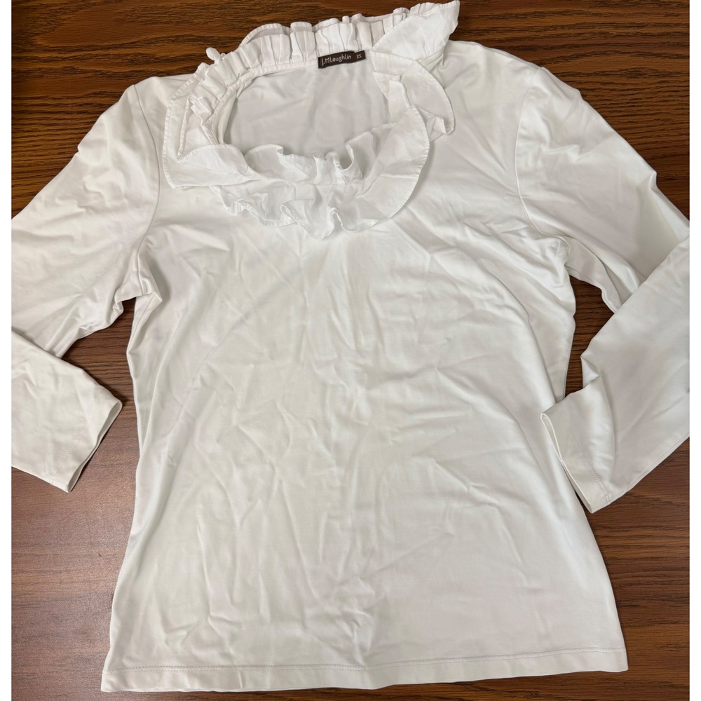 J.McLaughlin Womens White Ruffle Neck Long Sleeve Top Size XS Stretch Pullover